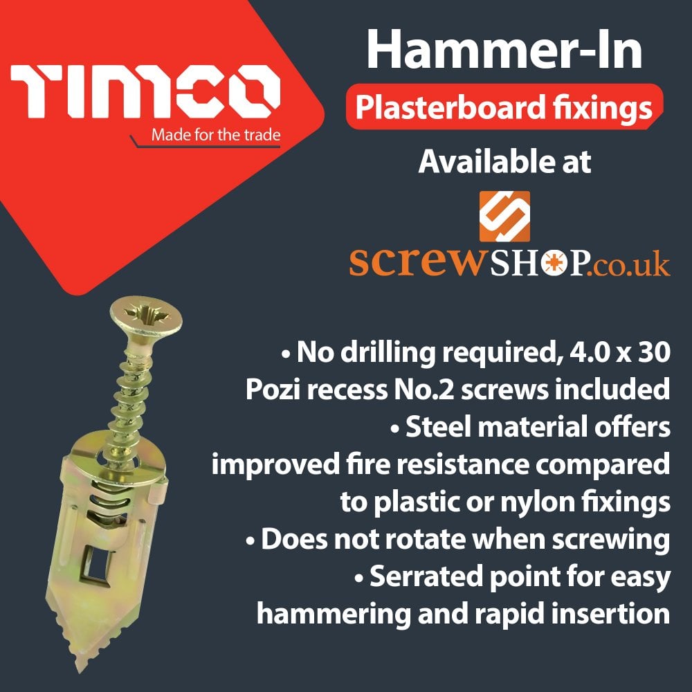 TIMCO Plasterboard Hammer-In Fixings - 4 x 30mm (TIMpac of 10